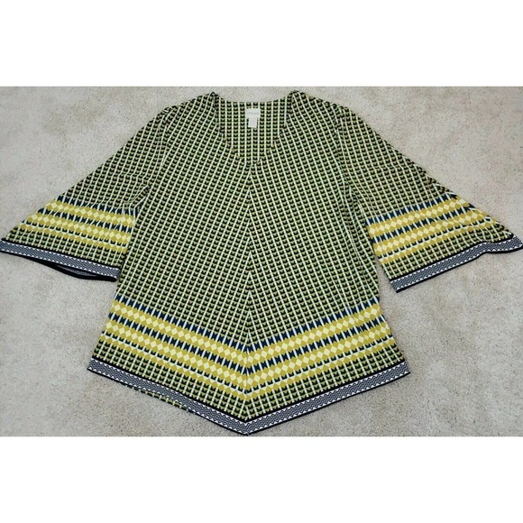 Chico's ~Woman Size 3~ Yellow/Blue Flare Top Blouse, Stretch, 3/4 Sleeve. - Picture 8 of 12